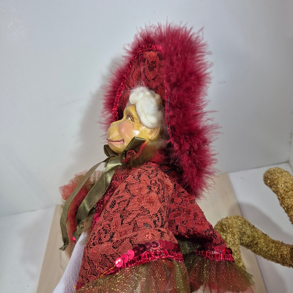 Katherine's Collection Panache Red Monkey Doll Victorian Lace Feather Ornament - Picture 7 of 9